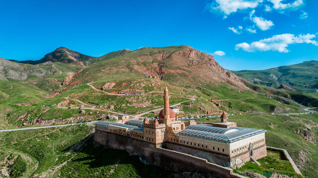 Ishak Pasha Palace, a wide-angle photo of the palace located in Dogubeyazit district of Turkey. Drone photo of the palace with a magnificent view. Kars, Turkey.