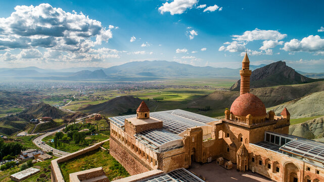 A close-up drone photo of the Ishak Pasha Palace near the Dogubeyazit district of Turkey. Agri, Turkey.