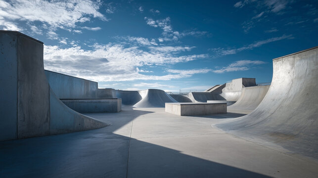 A skate park with a lot of ramps and a blue sky