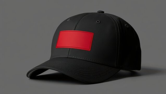Black baseball cap with a red patch on a gray background
