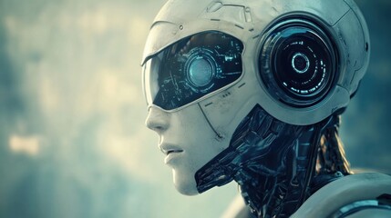 Fototapeta premium Detailed White Armored Humanoid Robot with Blue Lighting and Futuristic Visor Design