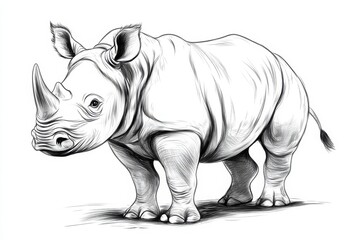 Fototapeta premium Detailed black and white sketch of a rhinoceros standing upright, showcasing its horn and textured skin.