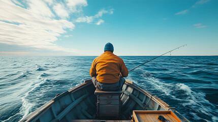 Fototapeta premium A man is intensely focused while fishing on a boat in the middle of the ocean, surrounded by a clear blue sky and waves, creating a peaceful and serene atmosphere.