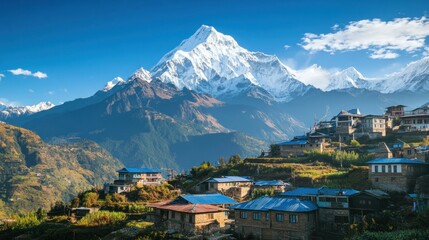 Picturesque terraced settlement nestled beneath majestic snow-capped mountain