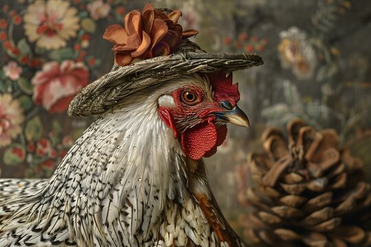 Elegant Rooster in Vintage Hat: A Whimsical Portrait