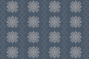 This fabric design features a central floral diamond motif on a rich blue background, accented with symmetric white and navy floral elements.