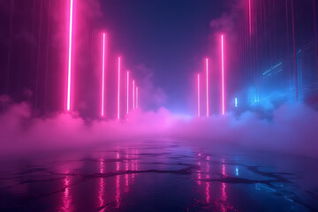 Futuristic bass design blending with neon lights and smoke effects, placed in a dynamic perspective with clear zone