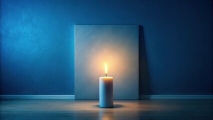 A single lit candle illuminates a blank canvas against a deep blue wall, creating a serene and contemplative atmosphere in a minimalist interior setting.