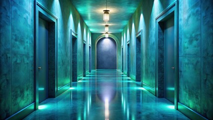 Mysterious Teal Corridor with Gleaming Floor and Discreet Doors