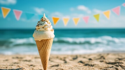 Almond ice cream in a cone carnival flags beach with gentle ocean waves