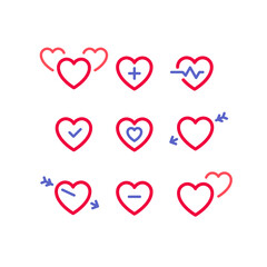 Heart icons or Valentines day symbols, holiday sign set designed for celebration, vector trendy modern style