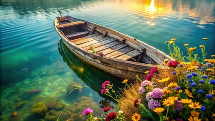 Serene Sunrise A Wooden Rowboat Gently Anchored in a Calm Lake, Surrounded by Vibrant Wildflowers at Golden Hour