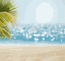 summer background beatiful sunset , Summer Beach Vector Illustration – Palm Trees and Sunlight - Tropical Summer Holiday Background – Flat Style Vector - Summer Fruits Pattern – Watermelon, Pineapple 