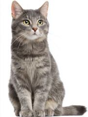 Fototapeta premium Gray tabby cat sitting and looking forward, with green eyes and soft fur, isolated on white background. Perfect for pet, cat lover, or animal care content.