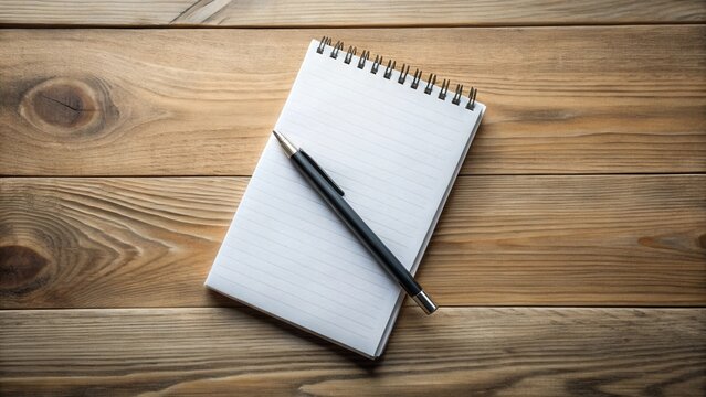 Blank Spiral Notebook and Pen on Rustic Wooden Surface Ready for Note Taking and Ideas