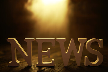 Glowing News Sign with Dramatic Lighting on Wooden Surface