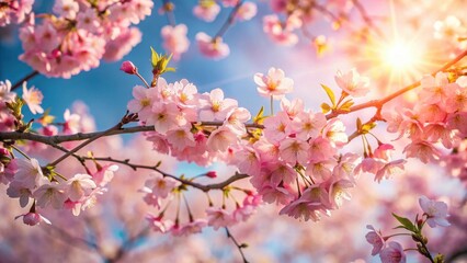 Obraz premium Sunlight Illuminates Delicate Pink Blossoms on Branch Against a Serene Blue Sky