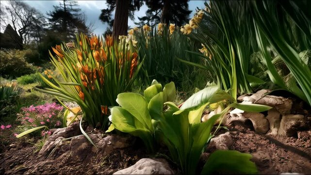 Tranquil spring garden scene featuring blooming orange gladiolus and daffodils interspersed with grasses and lush green foliage.