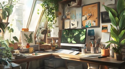 A dynamic office with plants, art, and creative tools