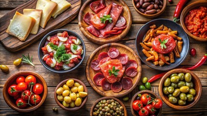 Fototapeta premium Aromatic Tapas Platter Savory Meats, Vibrant Salads, and Zesty Olives on Rustic Wood