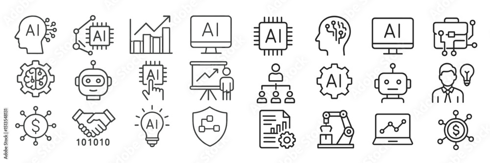 Poster various icons representing artificial intelligence concepts and applications in technology and busin
