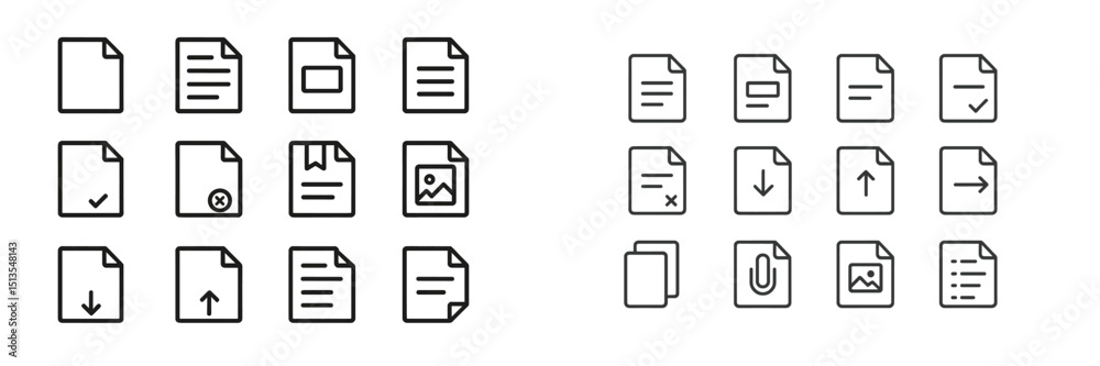 Aufkleber line icons representing various document types and actions for digital interface design in modern ap
