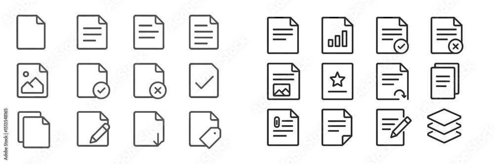 Poster collection of simple line icons representing various document types and actions in a minimalist styl