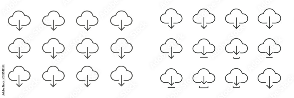 Poster different cloud download icons arranged in a grid pattern used in digital interfaces for representin