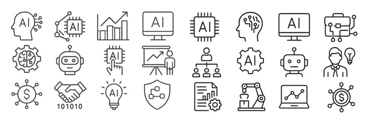 Various icons representing artificial intelligence concepts and applications in technology and business environments