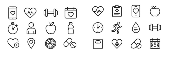 Collection of health and fitness icons illustrating various aspects of a healthy lifestyle and exercise routines