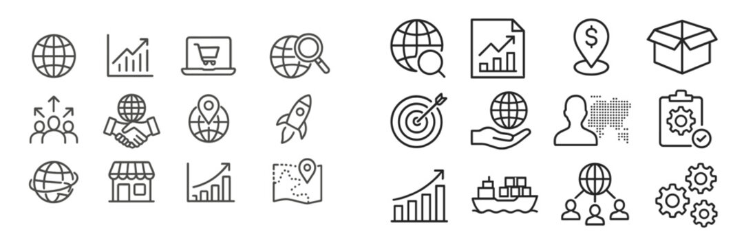 Icons representing global commerce and business growth in a digital landscape