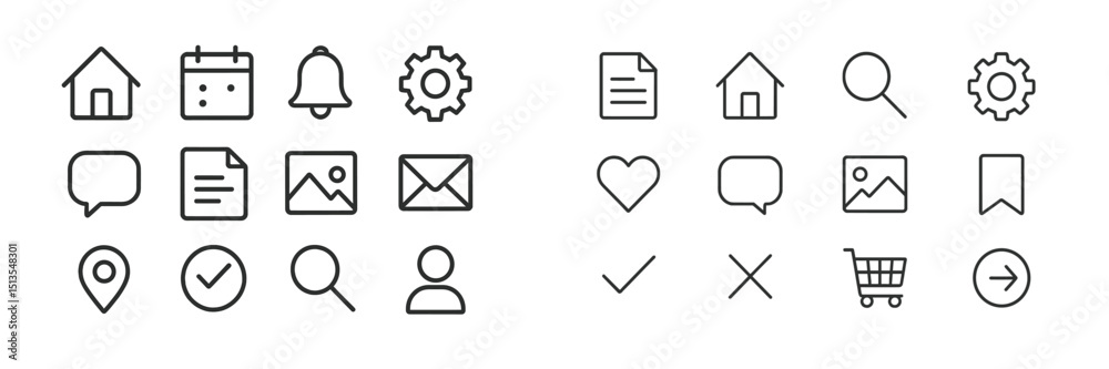 Poster collection of minimalistic icons for various applications displayed on a clean background