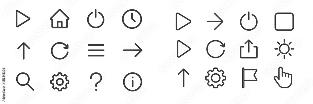 Poster collection of user interface icons representing navigation, functions, and settings for digital appl