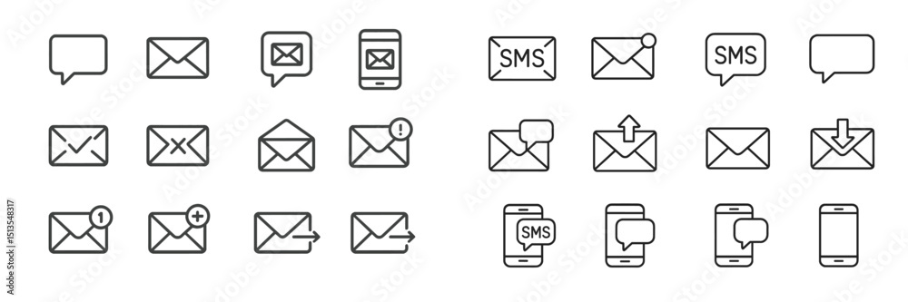 Aufkleber set of outlined icons representing various messaging and communication methods including email and s