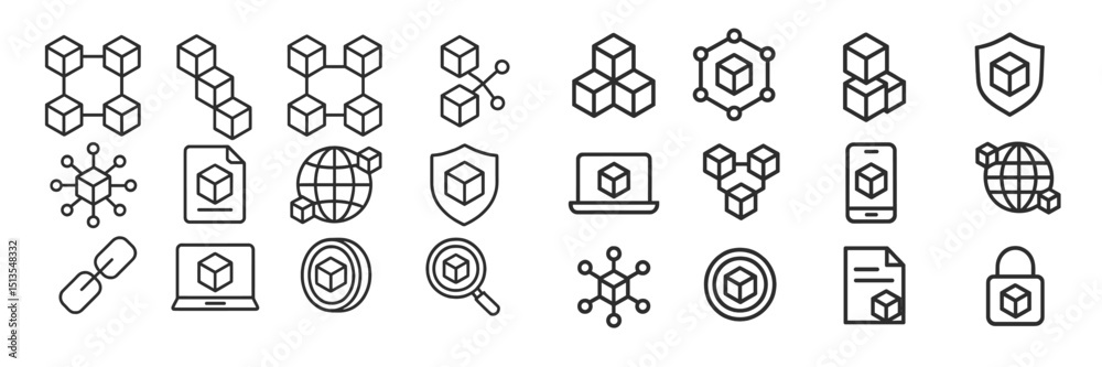 Poster icon set illustrating blockchain technology concepts and applications in various forms and designs