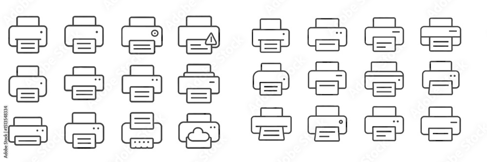 Poster collection of printer icons showcasing various functions and settings in a minimalistic style