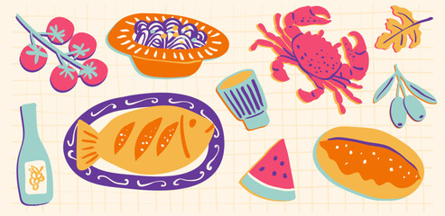 Summer Mediterranean Hand Drawn Italy Food Lunch Breakfast Healthy and Tasty Sea Food Vector Illustration Pasta, Pizza, Olive, Lobster, Lemon. Dolce Vita