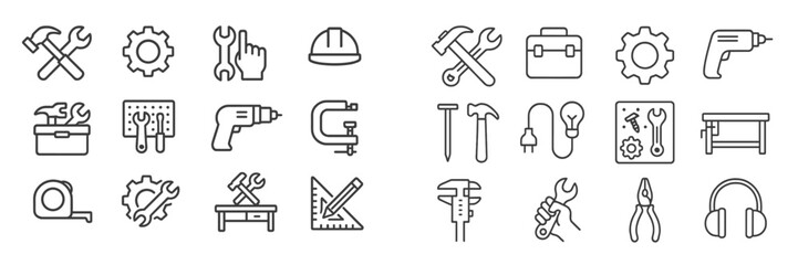 Collection of hand tools and construction icons illustrating various activities associated with building and repairs