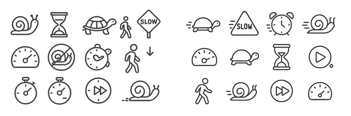 Collection of minimalist icons depicting themes of slowness and time in various contexts