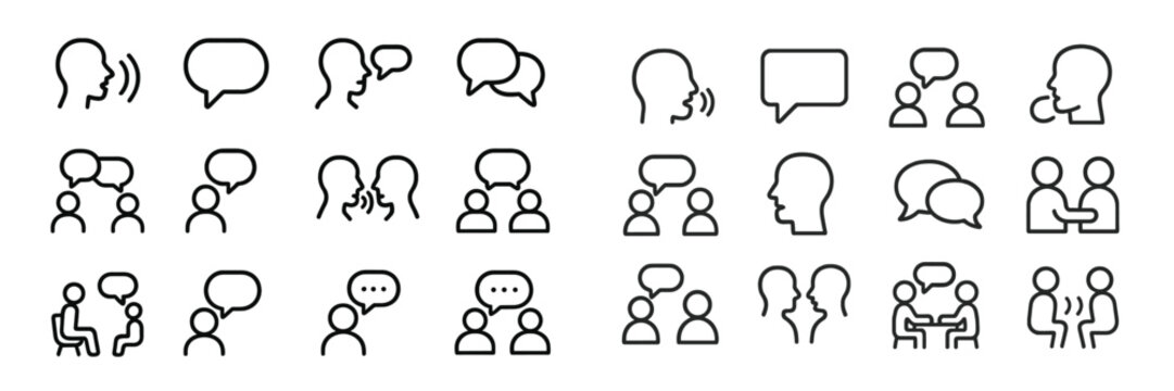 Variety of conversation icons representing dialogue, discussion, and communication among individuals and groups
