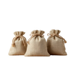 Three burlap sacks tied with twine on a white isolated background, perfect for representing packaging, shipping, or storage.