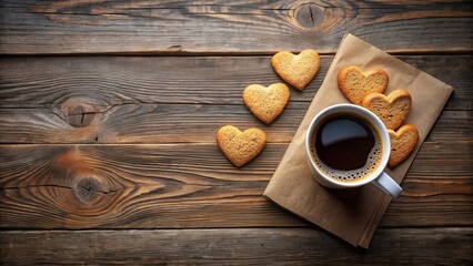 Aromatic Coffee Break with Heart-Shaped Cookies on Rustic Wooden Surface