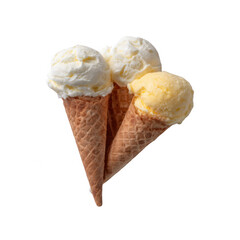 Three delicious ice cream cones featuring fluffy whipped cream and vibrant flavors, set against a white isolated background, perfect for summer indulgence and dessert lovers.