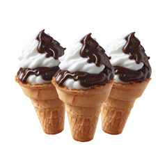Three delicious ice cream cones, topped with creamy whipped cream and drizzled chocolate sauce, perfect for a sweet treat or dessert enjoyment.
