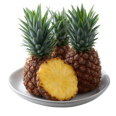 Three fresh pineapples on a plate, one pineapple cut open to reveal juicy yellow flesh, against a white isolated background.
