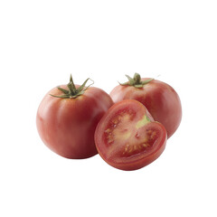 Three fresh ripe tomatoes, one sliced in half, showcasing vibrant red color and green stems. Ideal for culinary presentations or healthy eating concepts.