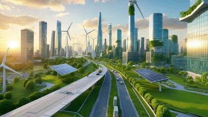 Smart Eco-City with Solar Panels, Wind Turbines, Skyscrapers, and Futuristic Transportation System - Powered by Adobe