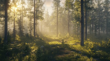 Obraz premium Sunlit forest path evokes a sense of tranquility and woodland serenity