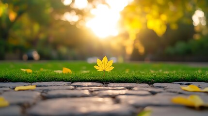 Autumnal Trail: A close-up view of a cobbled path leads the eye into a sun-drenched scene, where vibrant yellow leaves dot the ground. Capturing a peaceful moment.