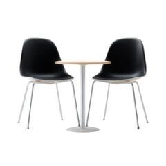 Two modern black chairs surrounding a minimalist table, creating a stylish and inviting atmosphere for social gatherings or casual meetings.